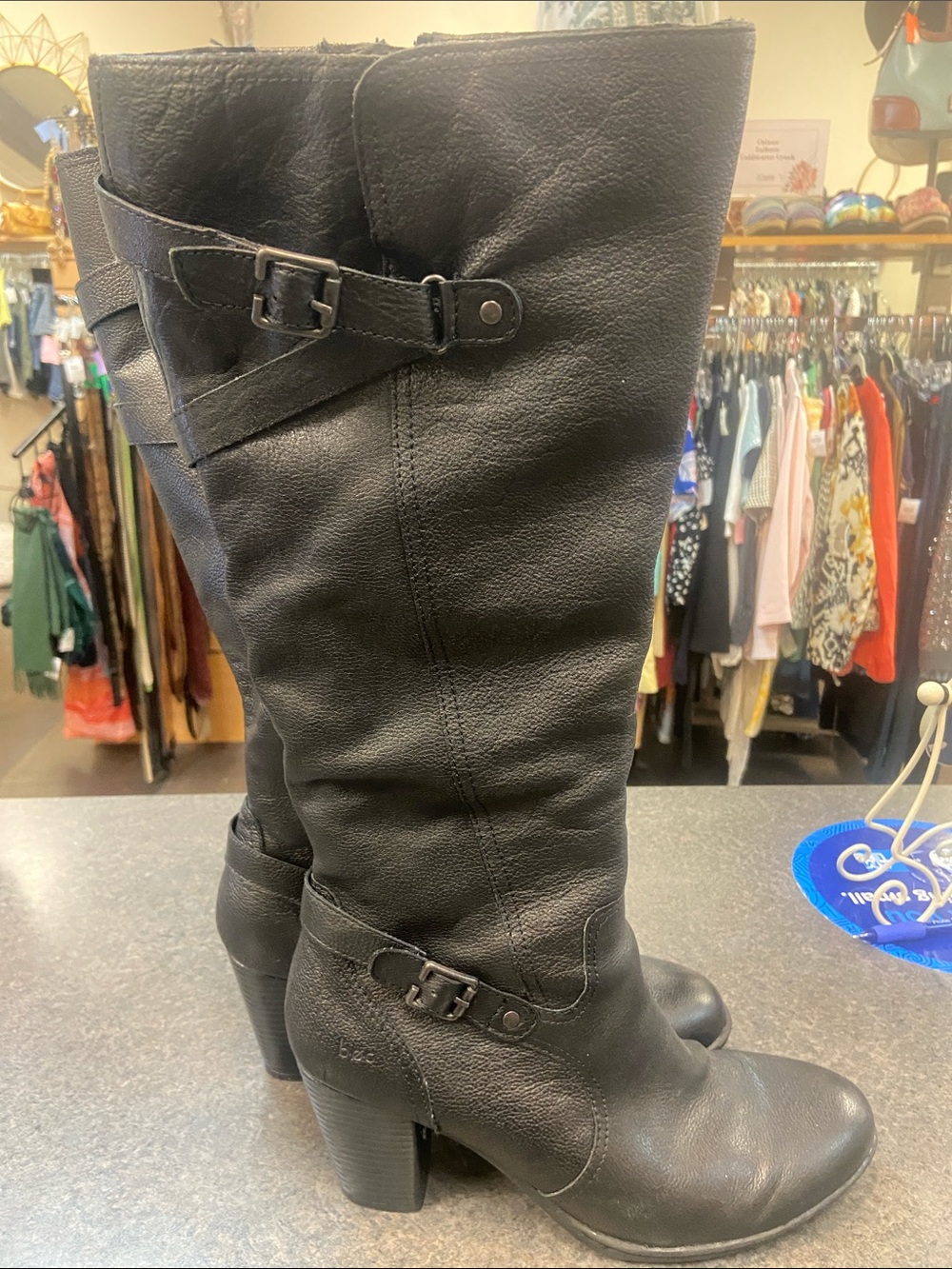 boc Black Mid-Calf Leather Heeled Boots with Buckle Straps